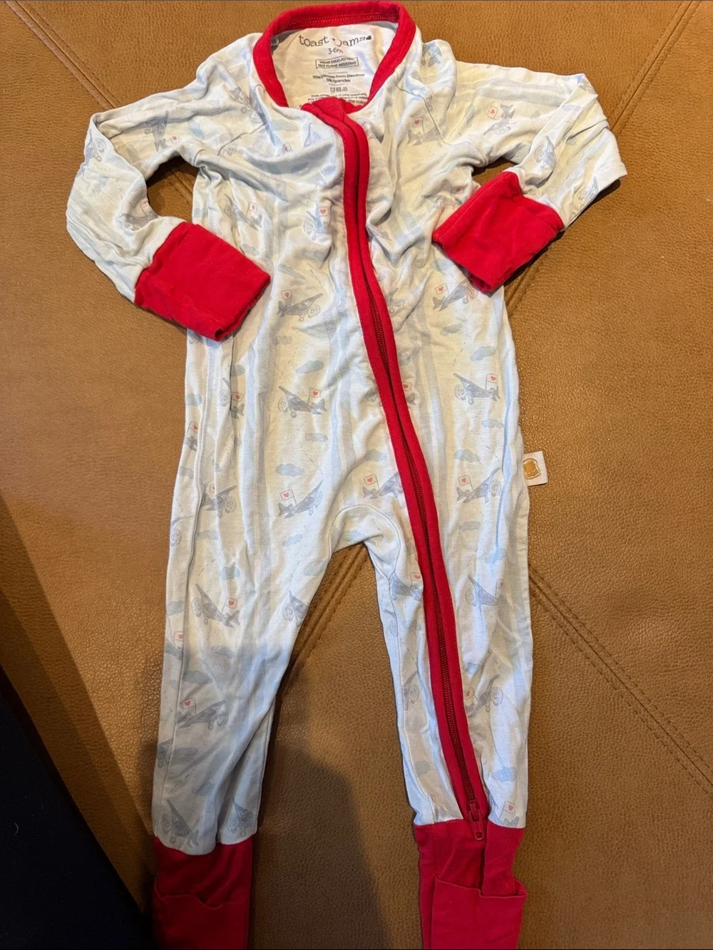 Toast + Jams Cream Airplane Footie with Red bamboo stretch pajamas 2 way zip